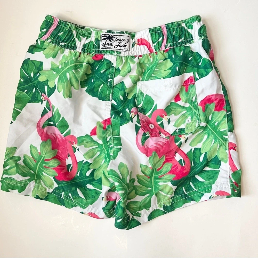 Janie and Jack Boys Green Flamingo Leaf Swim Trunks